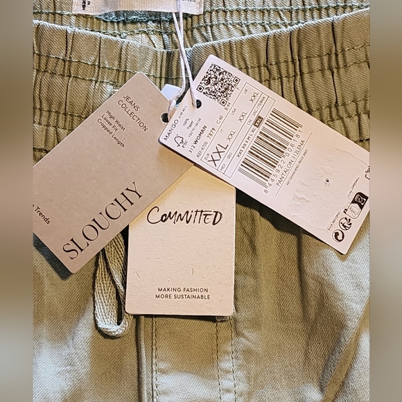 Mango Slouchy Cropped Pants XXL High Waist, Drawstring, 100% Cotton, Sage Green - Picture 8 of 9